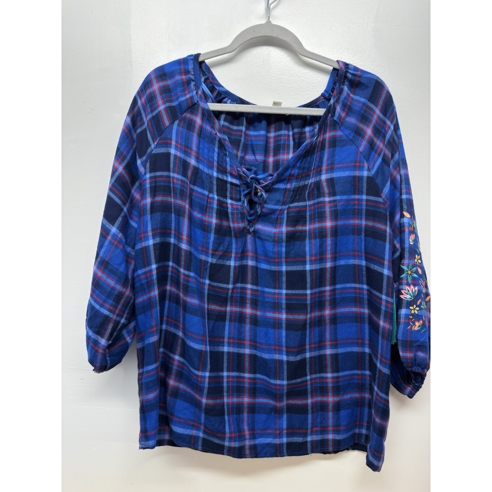 Pioneer Woman Shirt Women's Medium Blue Plaid Embroidered Floral Peasant Top #34